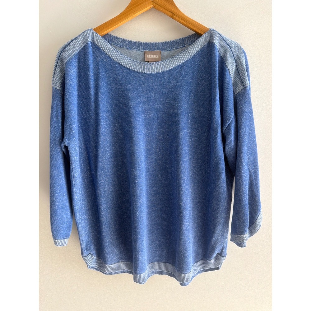 Chico's Blue Knit Womans Pullover Lightweight Coastal Grandmother Top Size L